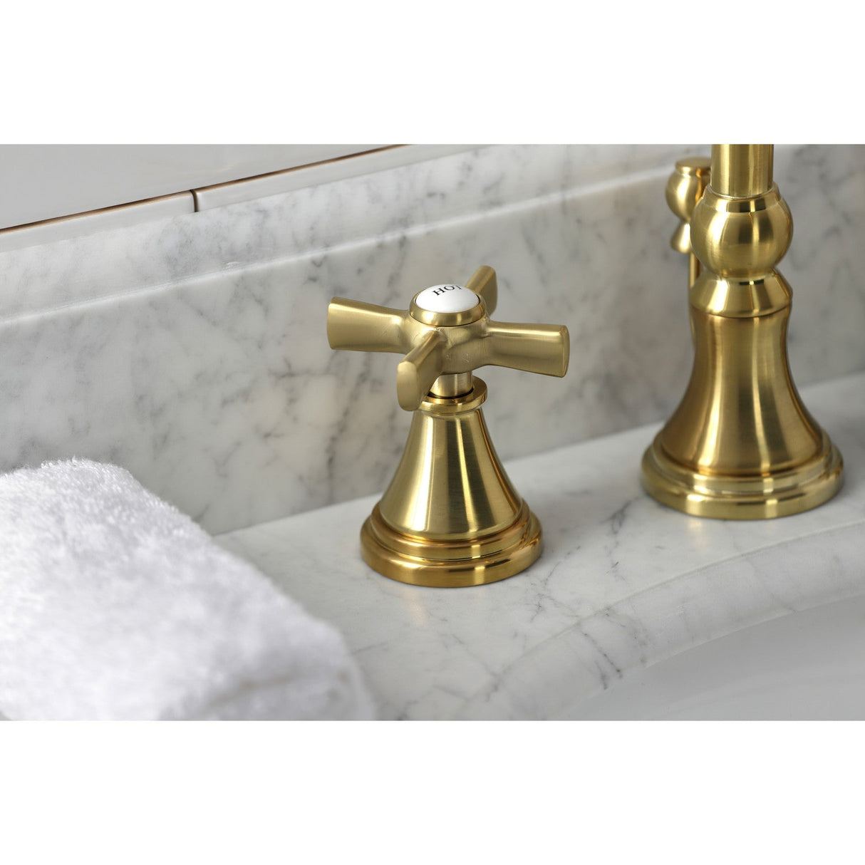 Millennium KS2987ZX Two-Handle 3-Hole Deck Mount Widespread Bathroom Faucet with Brass Pop-Up, Brushed Brass