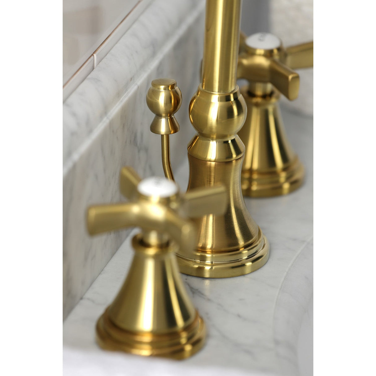 Millennium KS2987ZX Two-Handle 3-Hole Deck Mount Widespread Bathroom Faucet with Brass Pop-Up, Brushed Brass