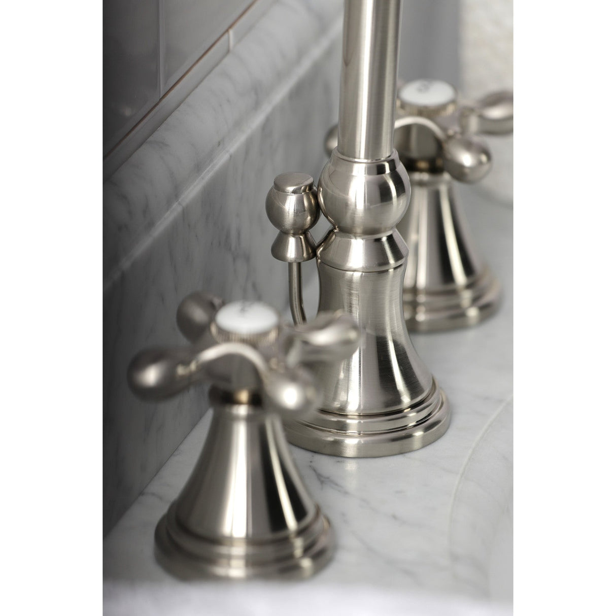 Governor KS2988AX Two-Handle 3-Hole Deck Mount Widespread Bathroom Faucet with Brass Pop-Up, Brushed Nickel