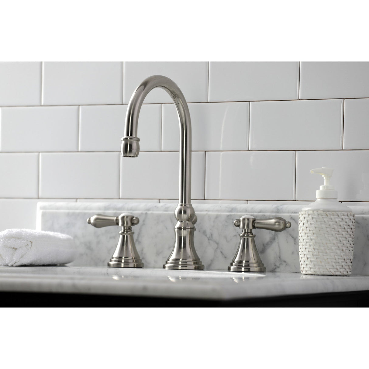 Heirloom KS2988BAL Two-Handle 3-Hole Deck Mount Widespread Bathroom Faucet with Brass Pop-Up, Brushed Nickel