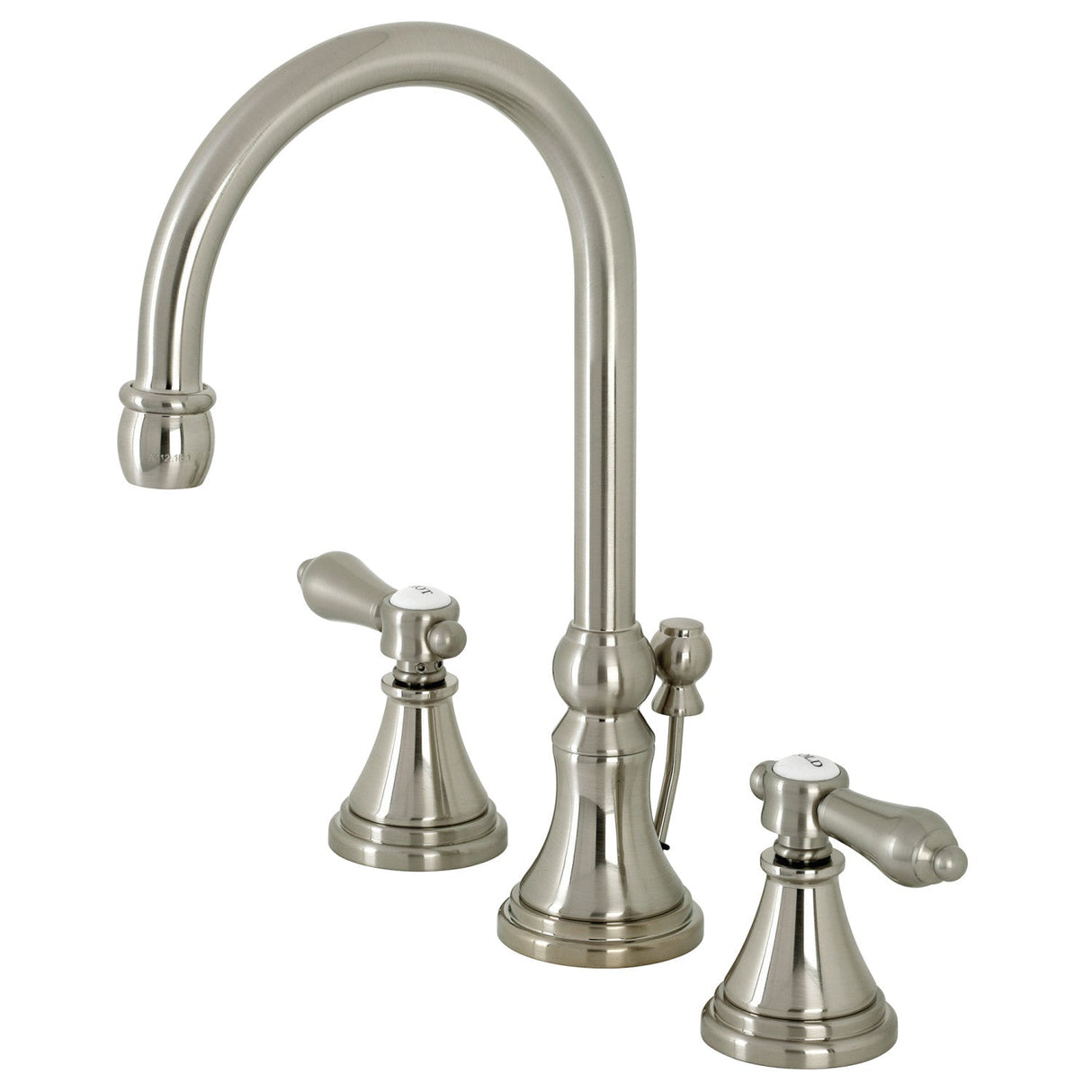 Heirloom KS2988BAL Two-Handle 3-Hole Deck Mount Widespread Bathroom Faucet with Brass Pop-Up, Brushed Nickel