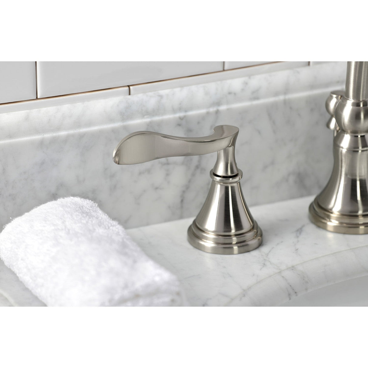 Century KS2988CFL Two-Handle 3-Hole Deck Mount Widespread Bathroom Faucet with Brass Pop-Up, Brushed Nickel