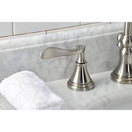 Century KS2988CFL Two-Handle 3-Hole Deck Mount Widespread Bathroom Faucet with Brass Pop-Up, Brushed Nickel