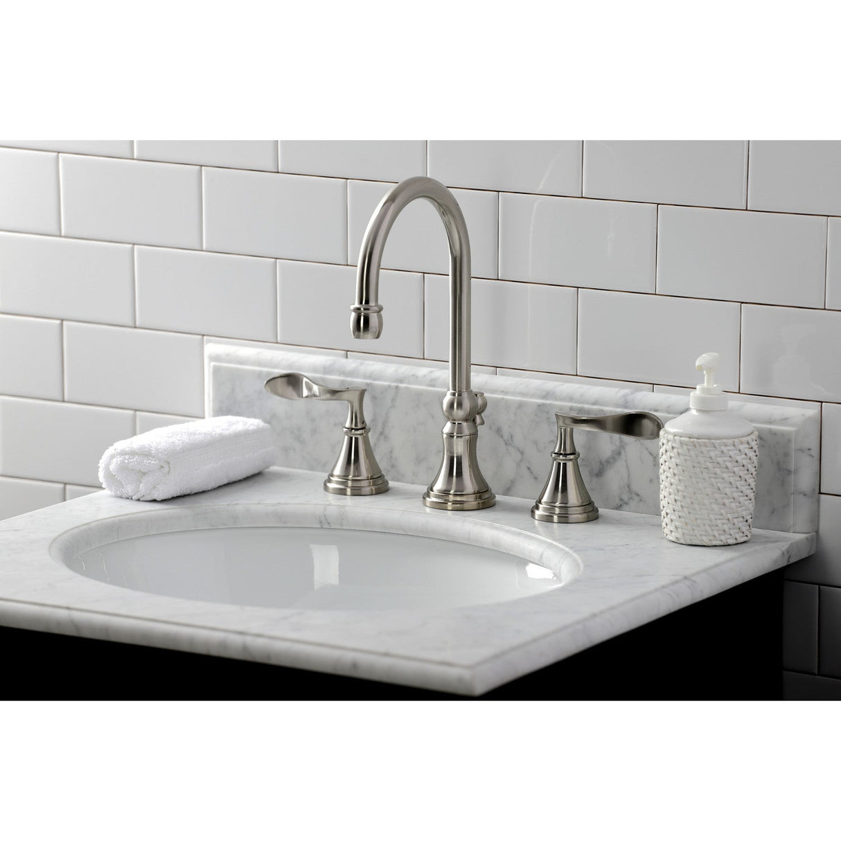 Century KS2988CFL Two-Handle 3-Hole Deck Mount Widespread Bathroom Faucet with Brass Pop-Up, Brushed Nickel