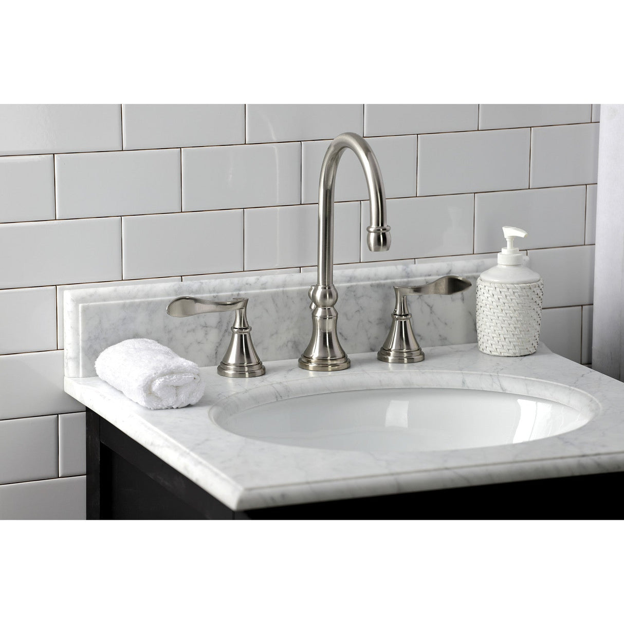 Century KS2988CFL Two-Handle 3-Hole Deck Mount Widespread Bathroom Faucet with Brass Pop-Up, Brushed Nickel