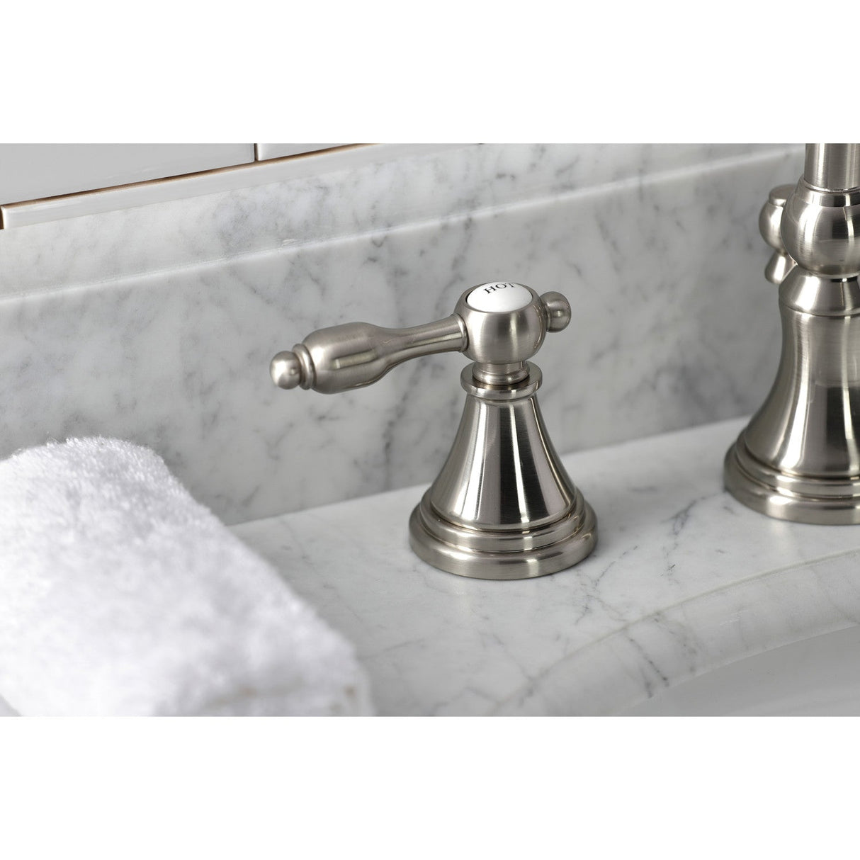 Tudor KS2988TAL Two-Handle 3-Hole Deck Mount Widespread Bathroom Faucet with Brass Pop-Up, Brushed Nickel