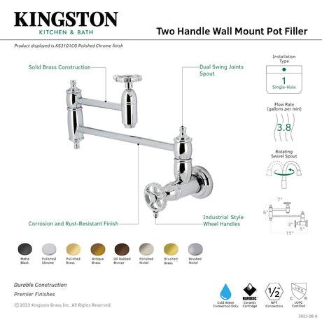 Fuller KS3102CG Two-Handle Wall Mount Pot Filler, Polished Brass