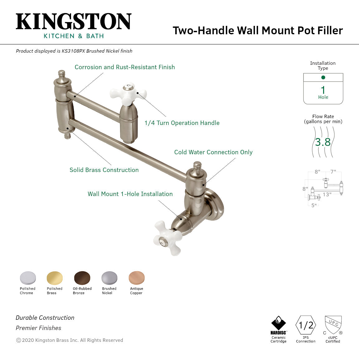 Restoration KS3102PX Two-Handle 1-Hole Wall Mount Pot Filler, Polished Brass