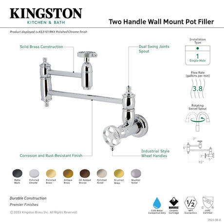 Webb KS3102RKX Two-Handle 1-Hole Wall Mount Pot Filler with Knurled Handle, Polished Brass