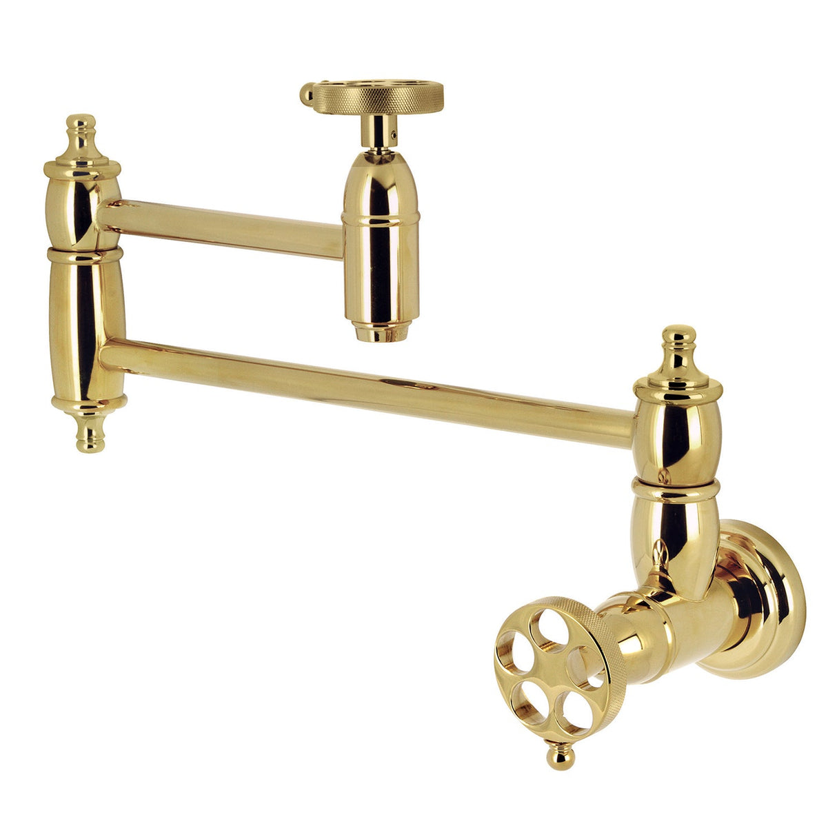 Wendell KS3102RKZ Two-Handle 1-Hole Wall Mount Pot Filler with Knurled Handle, Polished Brass