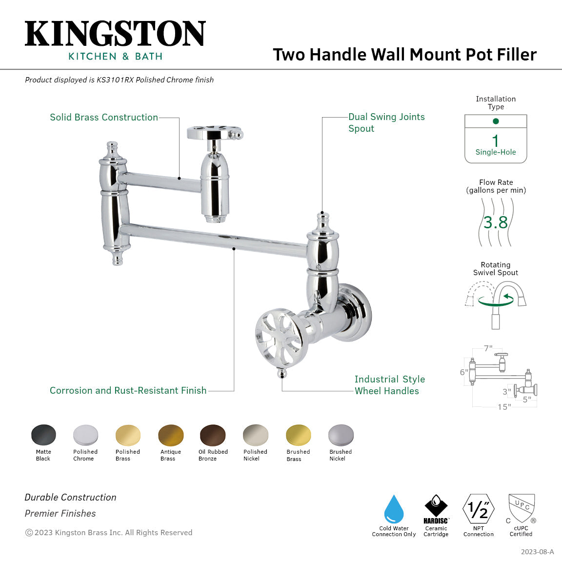 Belknap KS3102RX Two-Handle Wall Mount Pot Filler, Polished Brass