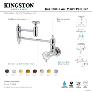 Webb KS3103RKX Two-Handle 1-Hole Wall Mount Pot Filler with Knurled Handle, Antique Brass