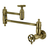 Webb KS3103RKX Two-Handle 1-Hole Wall Mount Pot Filler with Knurled Handle, Antique Brass
