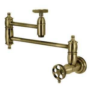 Webb KS3103RKX Two-Handle 1-Hole Wall Mount Pot Filler with Knurled Handle, Antique Brass