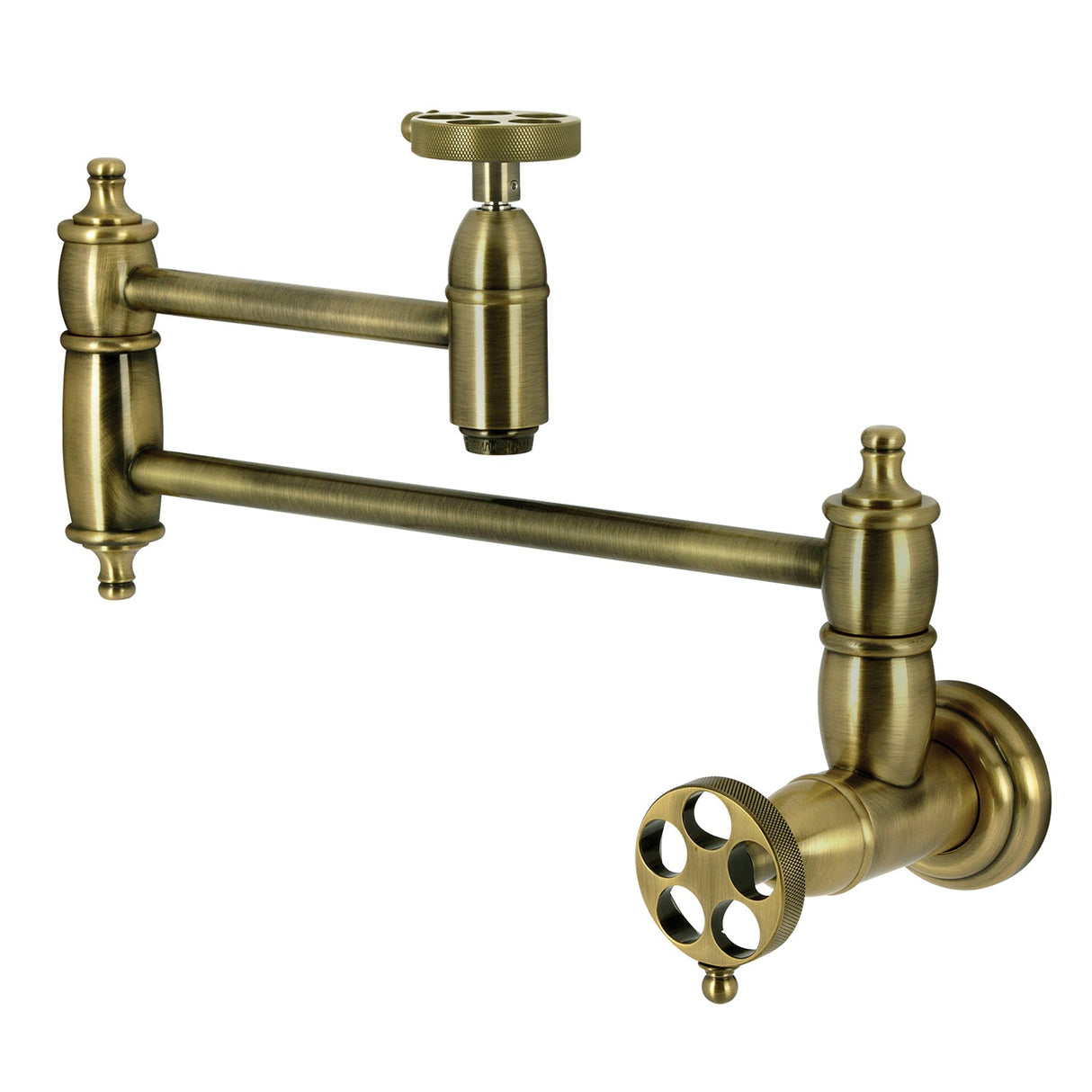 Wendell KS3103RKZ Two-Handle 1-Hole Wall Mount Pot Filler with Knurled Handle, Antique Brass