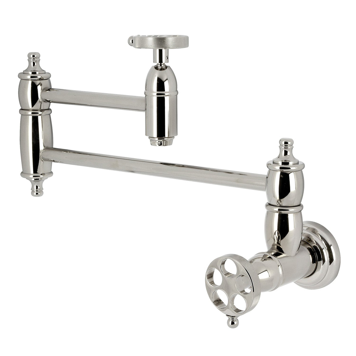 Wendell KS3106RKZ Two-Handle 1-Hole Wall Mount Pot Filler with Knurled Handle, Polished Nickel