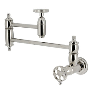 Wendell KS3106RKZ Two-Handle 1-Hole Wall Mount Pot Filler with Knurled Handle, Polished Nickel