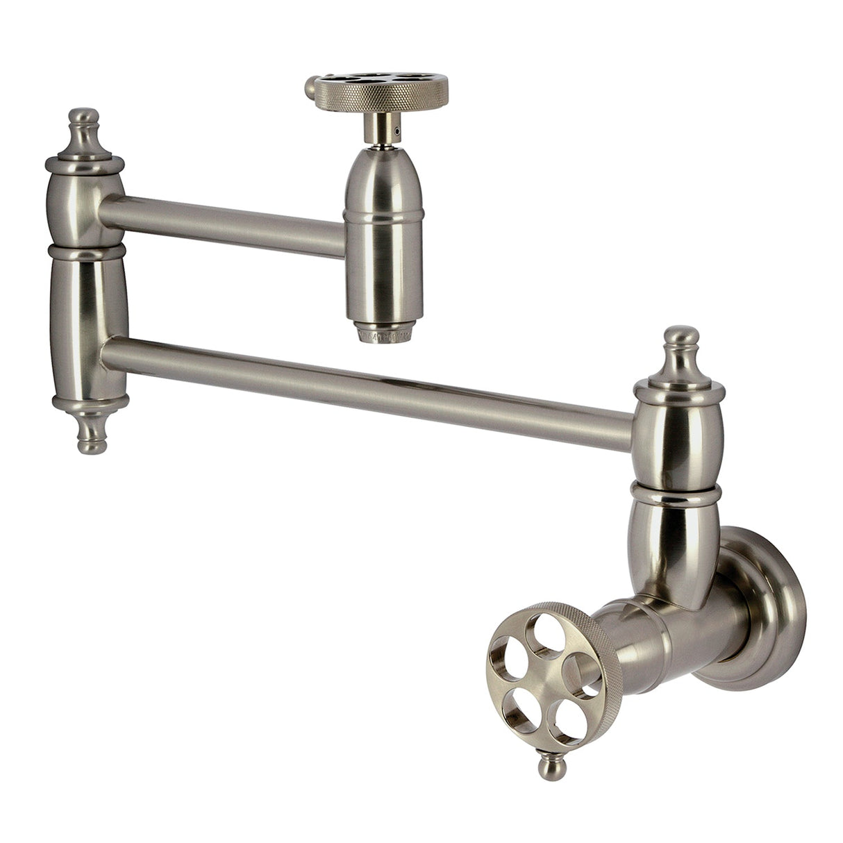 Wendell KS3108RKZ Two-Handle 1-Hole Wall Mount Pot Filler with Knurled Handle, Brushed Nickel