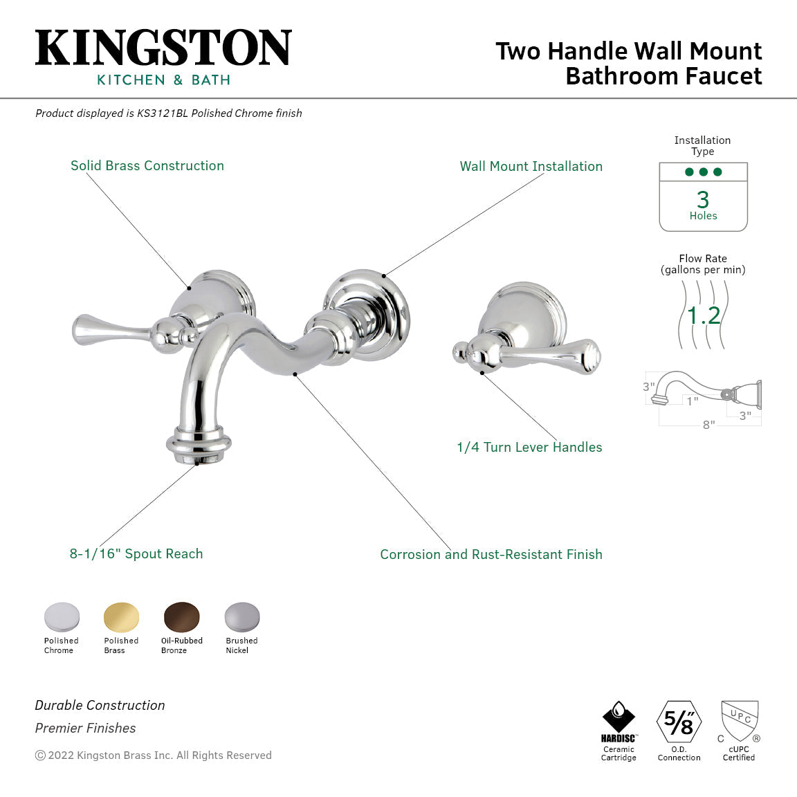 Vintage KS3121BL Two-Handle 3-Hole Wall Mount Bathroom Faucet, Polished Chrome