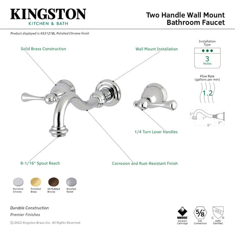 Vintage KS3122BL Two-Handle 3-Hole Wall Mount Bathroom Faucet, Polished Brass