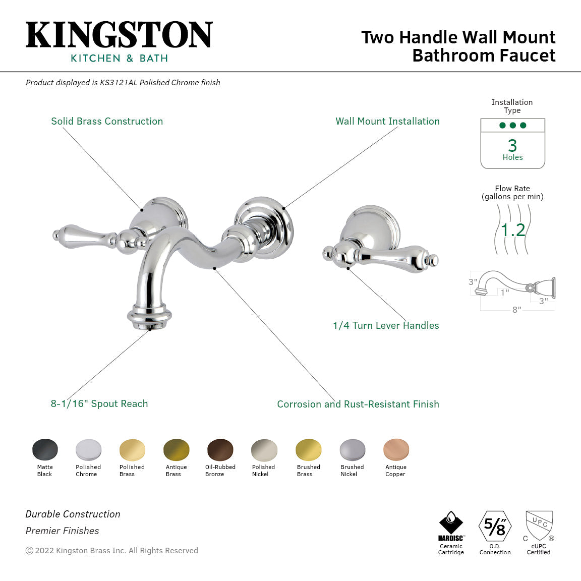 Vintage KS3123AL Two-Handle 3-Hole Wall Mount Bathroom Faucet, Antique Brass