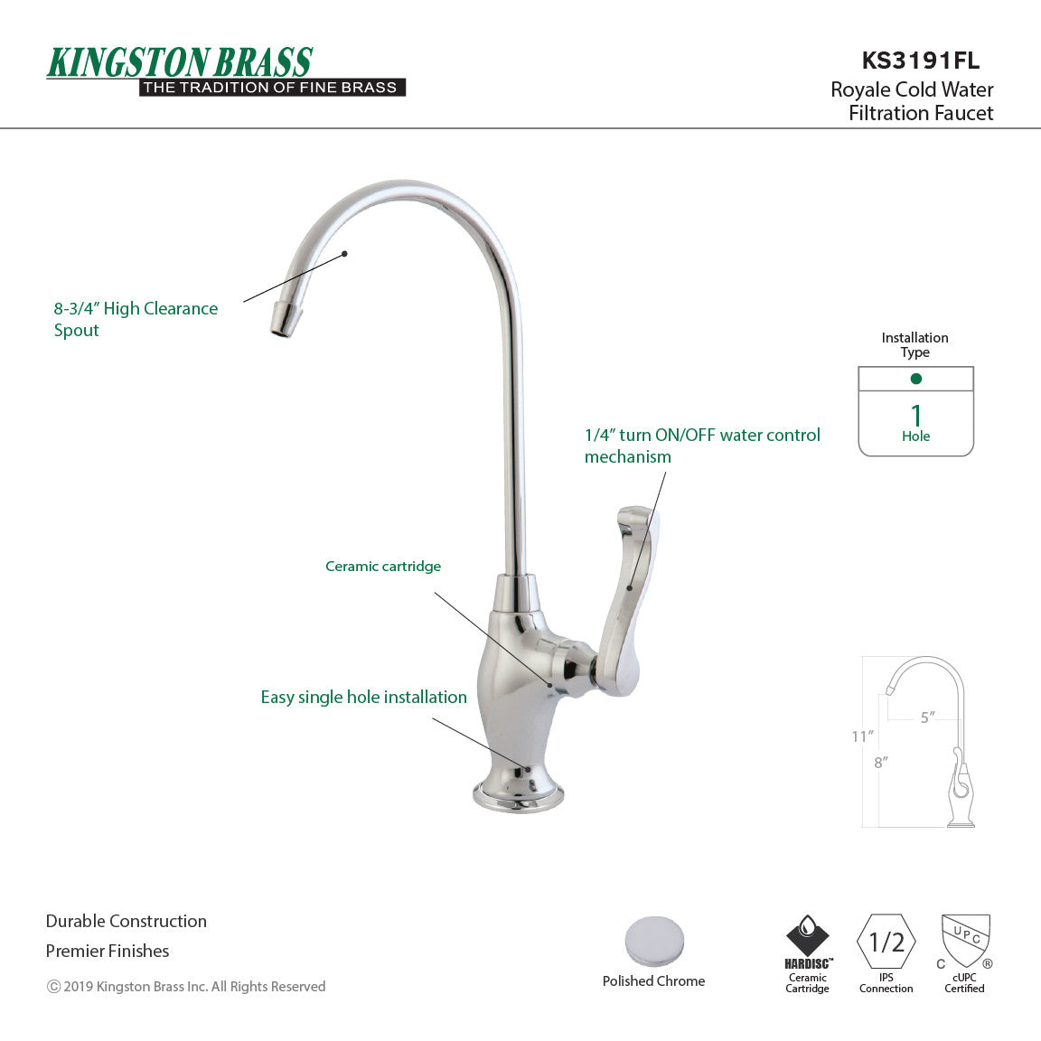 Royale KS3191FL Single-Handle 1-Hole Deck Mount Water Filtration Faucet, Polished Chrome
