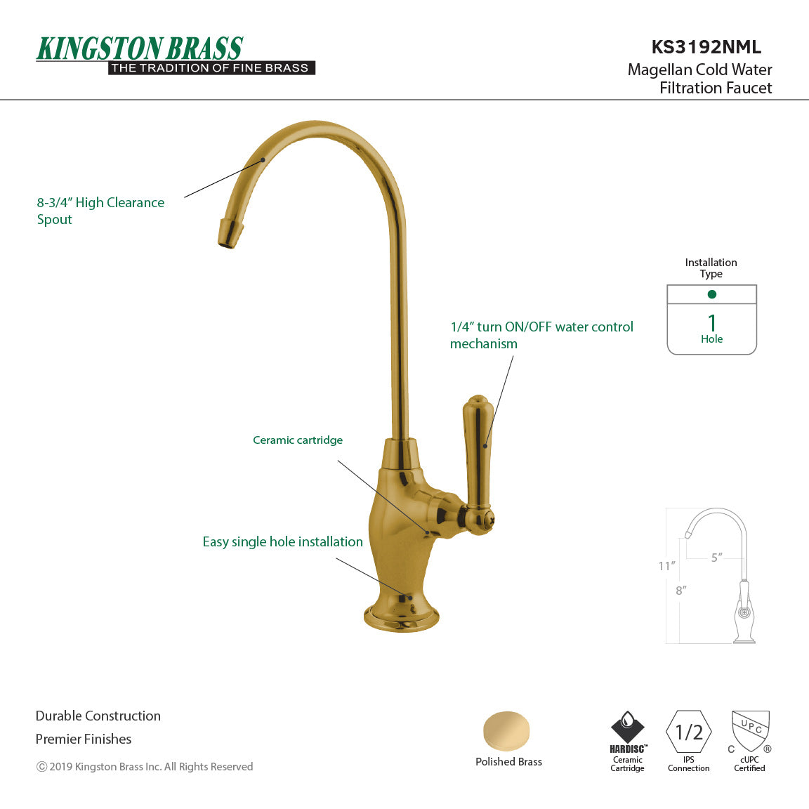 Magellan KS3192NML Single-Handle 1-Hole Deck Mount Water Filtration Faucet, Polished Brass