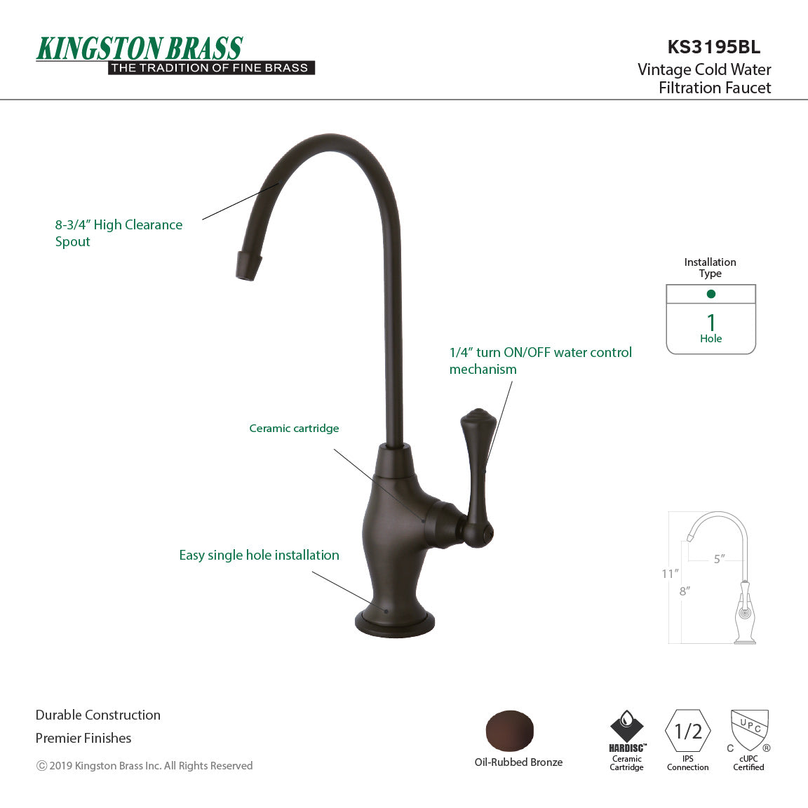 Vintage KS3195BL Single-Handle 1-Hole Deck Mount Water Filtration Faucet, Oil Rubbed Bronze