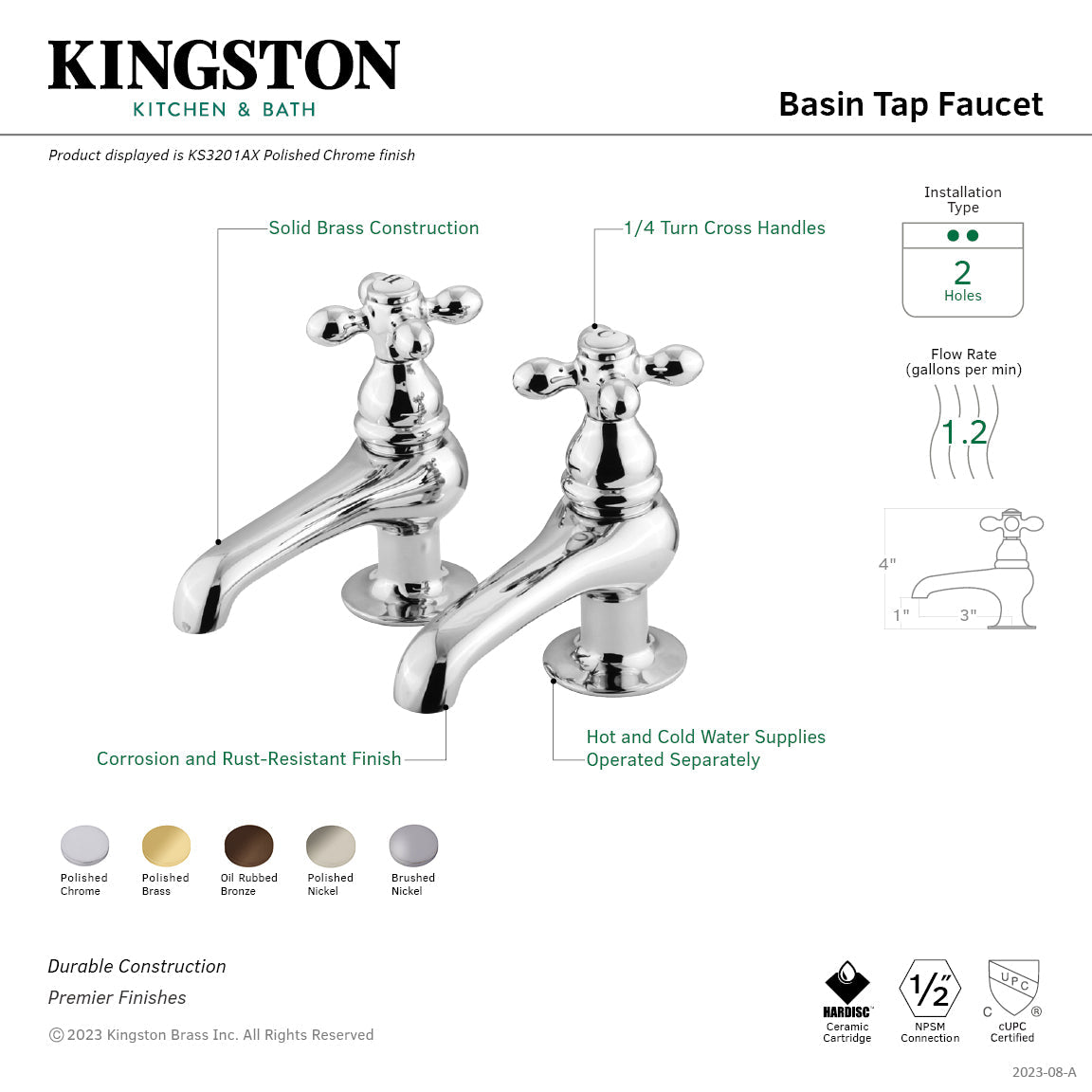 Restoration KS3202AX Two-Handle Deck Mount Basin Tap Faucet, Polished Brass