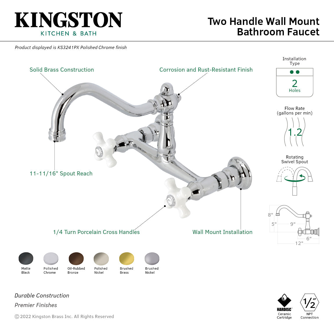 Vintage KS3241PX Two-Handle 2-Hole Wall Mount Bathroom Faucet, Polished Chrome