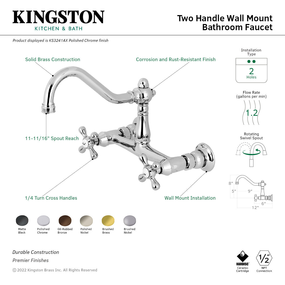 Vintage KS3247AX Two-Handle 2-Hole Wall Mount Bathroom Faucet, Brushed Brass