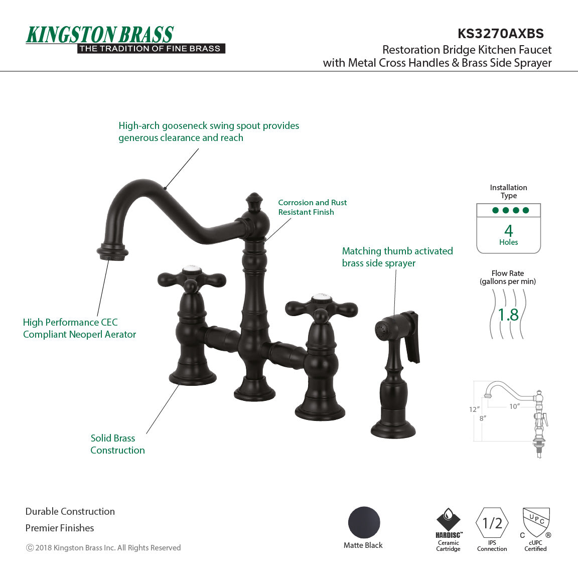 Restoration KS3270AXBS Two-Handle 4-Hole Deck Mount Bridge Kitchen Faucet with Side Sprayer, Matte Black