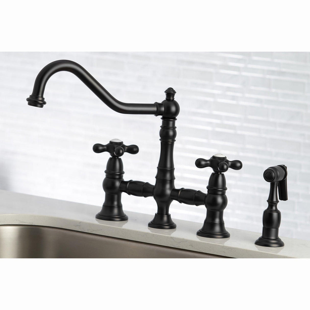 Restoration KS3270AXBS Two-Handle 4-Hole Deck Mount Bridge Kitchen Faucet with Side Sprayer, Matte Black