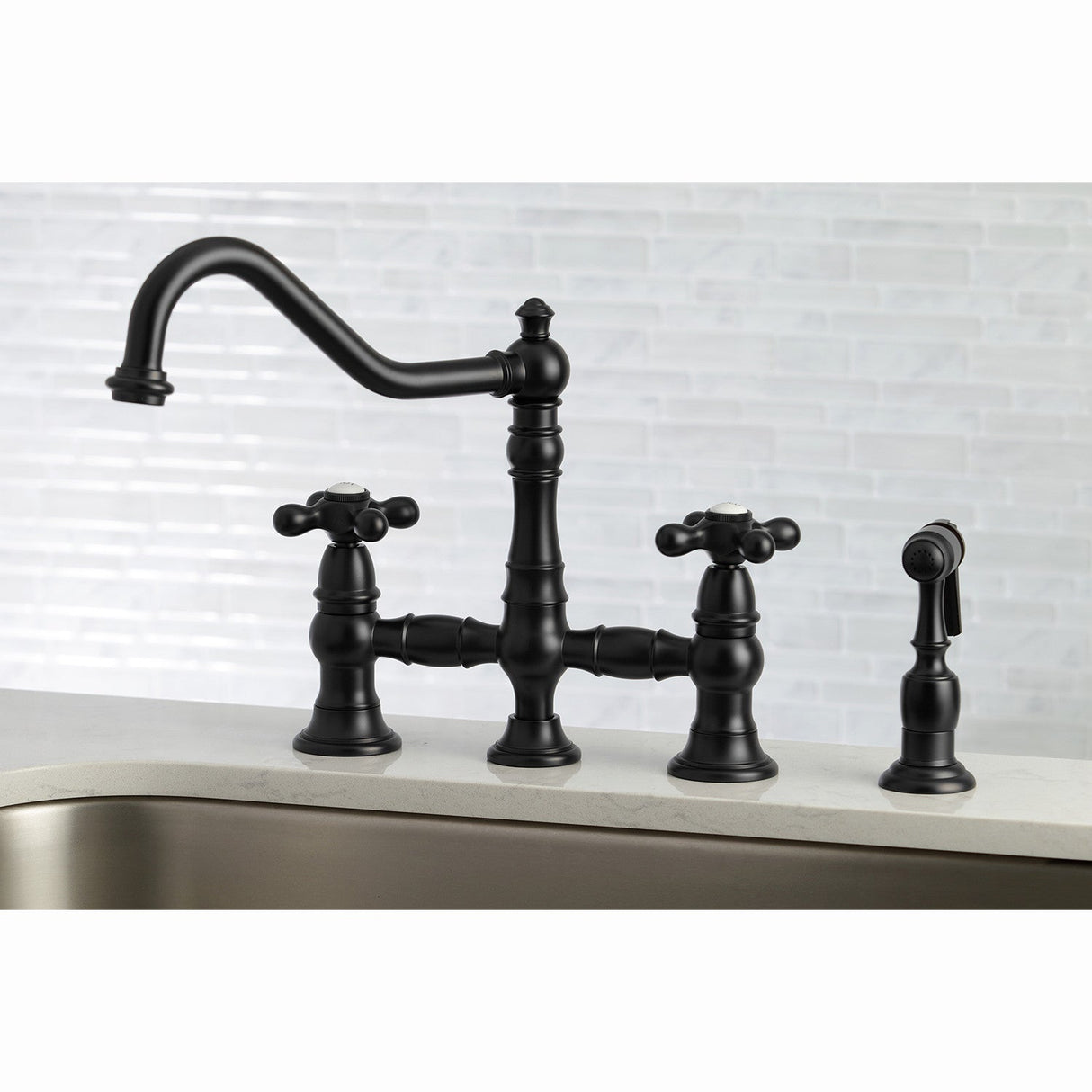 Restoration KS3270AXBS Two-Handle 4-Hole Deck Mount Bridge Kitchen Faucet with Side Sprayer, Matte Black