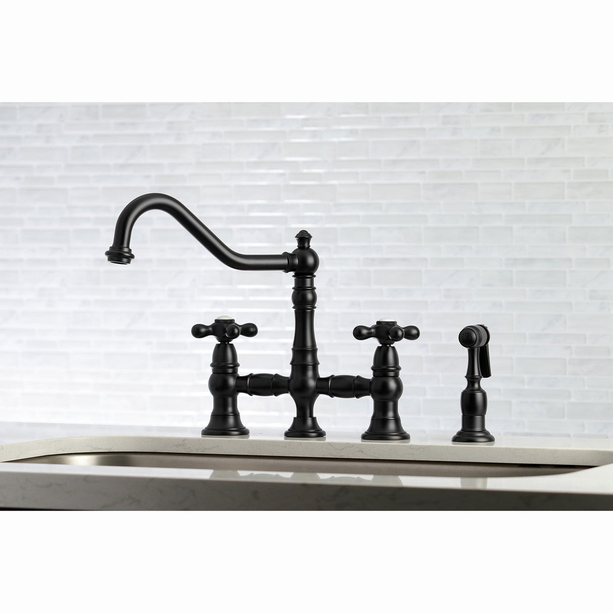 Restoration KS3270AXBS Two-Handle 4-Hole Deck Mount Bridge Kitchen Faucet with Side Sprayer, Matte Black