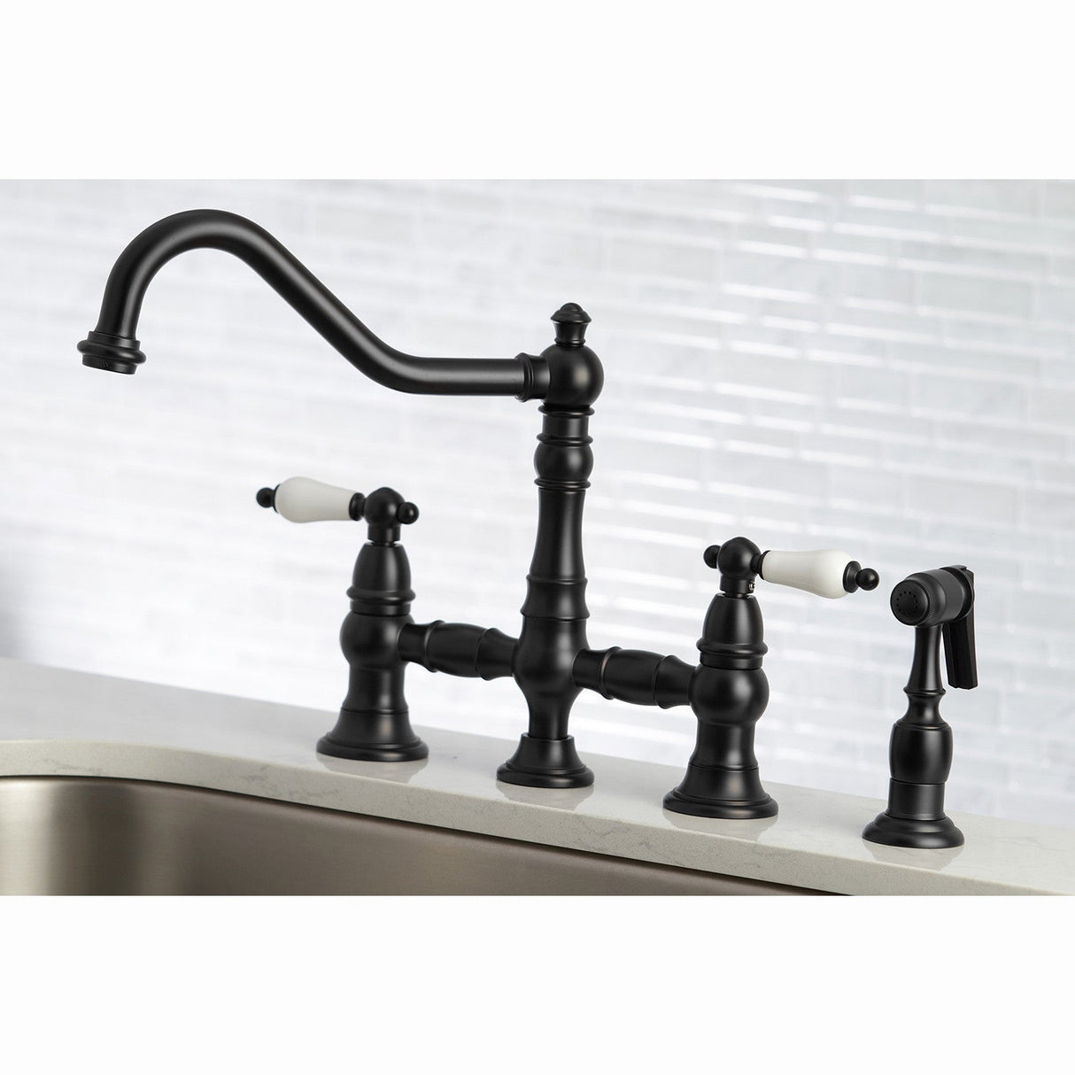 Restoration KS3270PLBS Two-Handle 4-Hole Deck Mount Bridge Kitchen Faucet with Side Sprayer, Matte Black