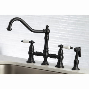 Restoration KS3270PLBS Two-Handle 4-Hole Deck Mount Bridge Kitchen Faucet with Side Sprayer, Matte Black