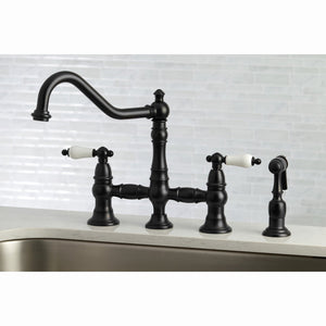 Restoration KS3270PLBS Two-Handle 4-Hole Deck Mount Bridge Kitchen Faucet with Side Sprayer, Matte Black