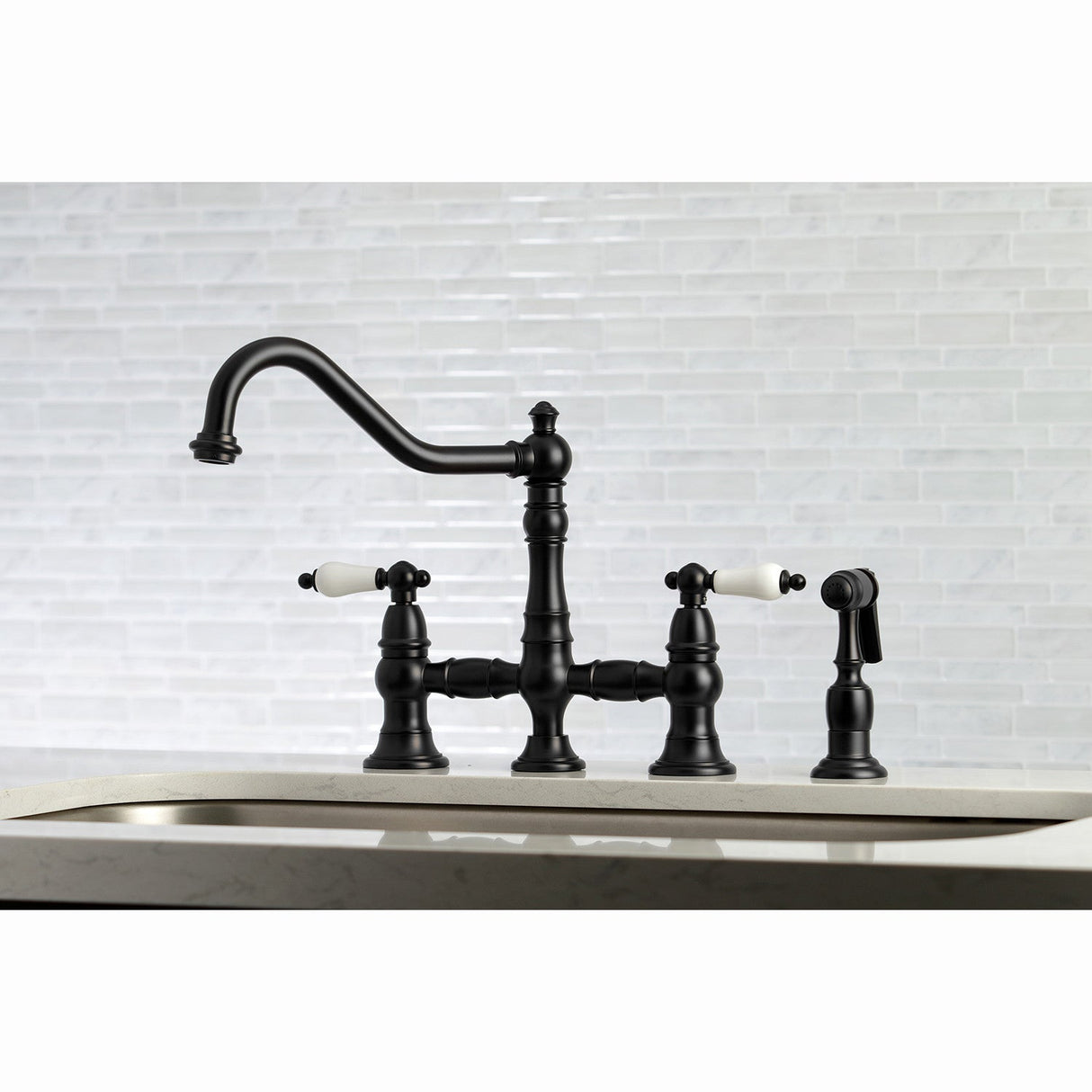 Restoration KS3270PLBS Two-Handle 4-Hole Deck Mount Bridge Kitchen Faucet with Side Sprayer, Matte Black