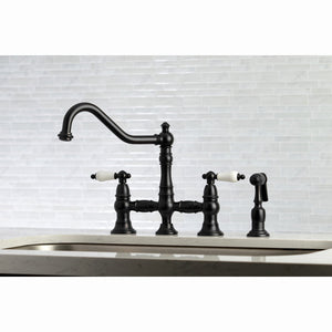 Restoration KS3270PLBS Two-Handle 4-Hole Deck Mount Bridge Kitchen Faucet with Side Sprayer, Matte Black