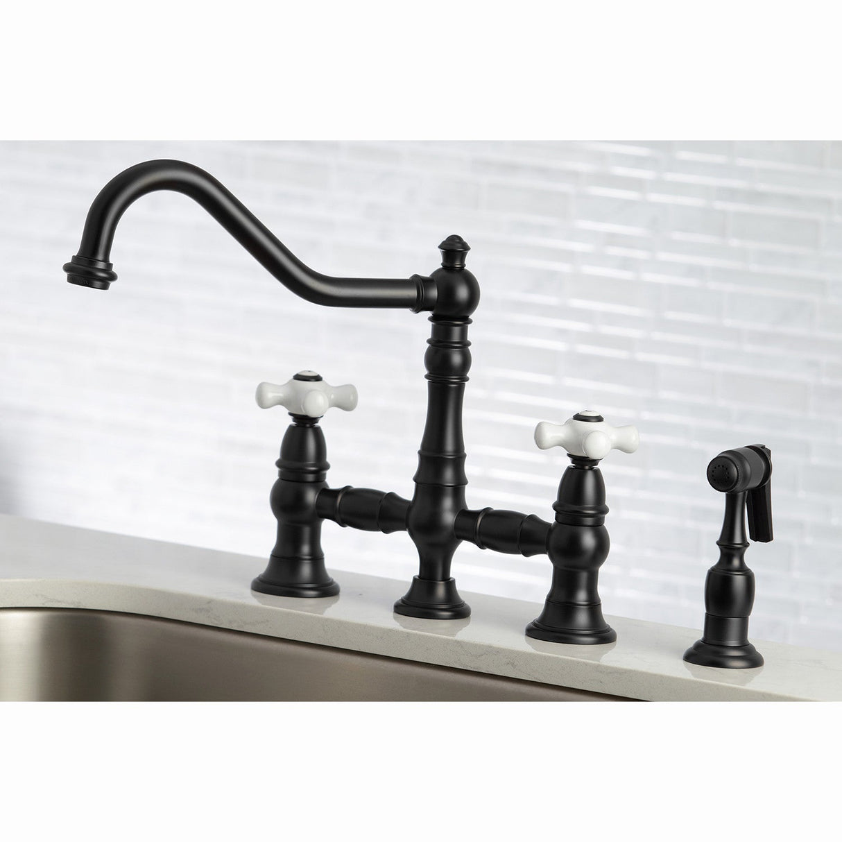 Restoration KS3270PXBS Two-Handle 4-Hole Deck Mount Bridge Kitchen Faucet with Side Sprayer, Matte Black