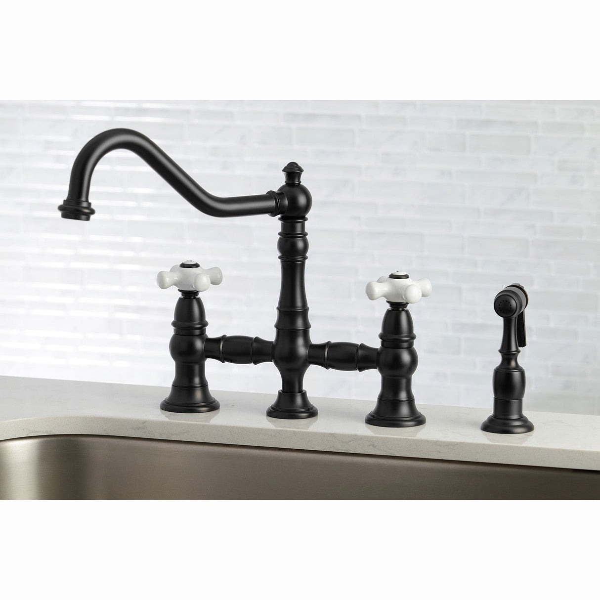 Restoration KS3270PXBS Two-Handle 4-Hole Deck Mount Bridge Kitchen Faucet with Side Sprayer, Matte Black