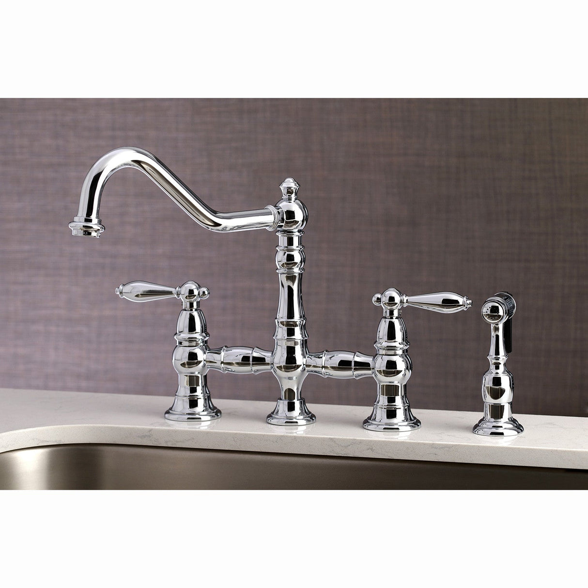 Restoration KS3271ALBS Two-Handle 4-Hole Deck Mount Bridge Kitchen Faucet with Side Sprayer, Polished Chrome