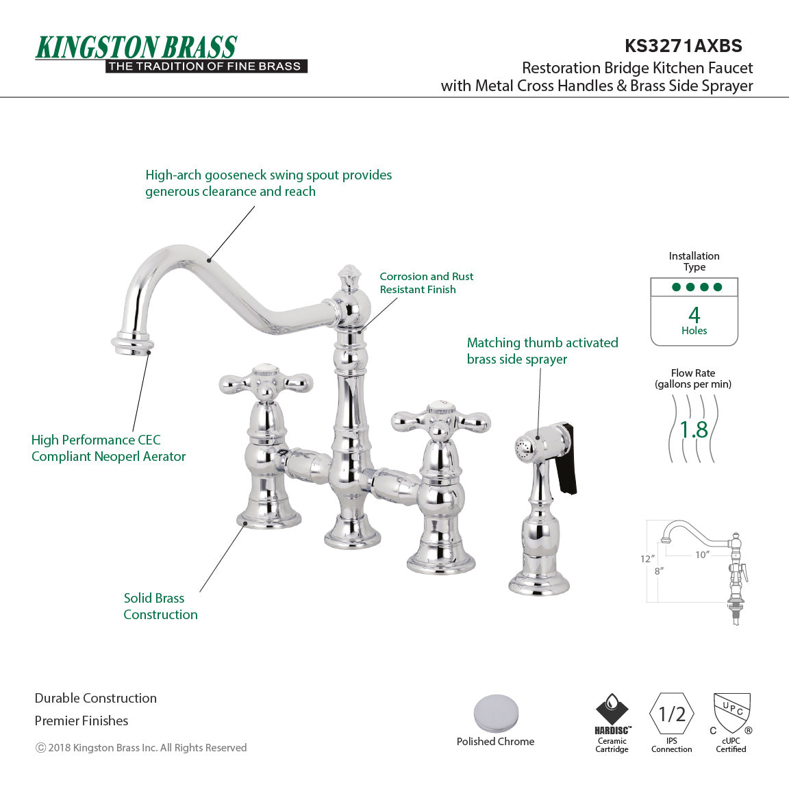 Restoration KS3271AXBS Two-Handle 4-Hole Deck Mount Bridge Kitchen Faucet with Side Sprayer, Polished Chrome