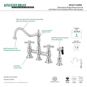 Restoration KS3271AXBS Two-Handle 4-Hole Deck Mount Bridge Kitchen Faucet with Side Sprayer, Polished Chrome