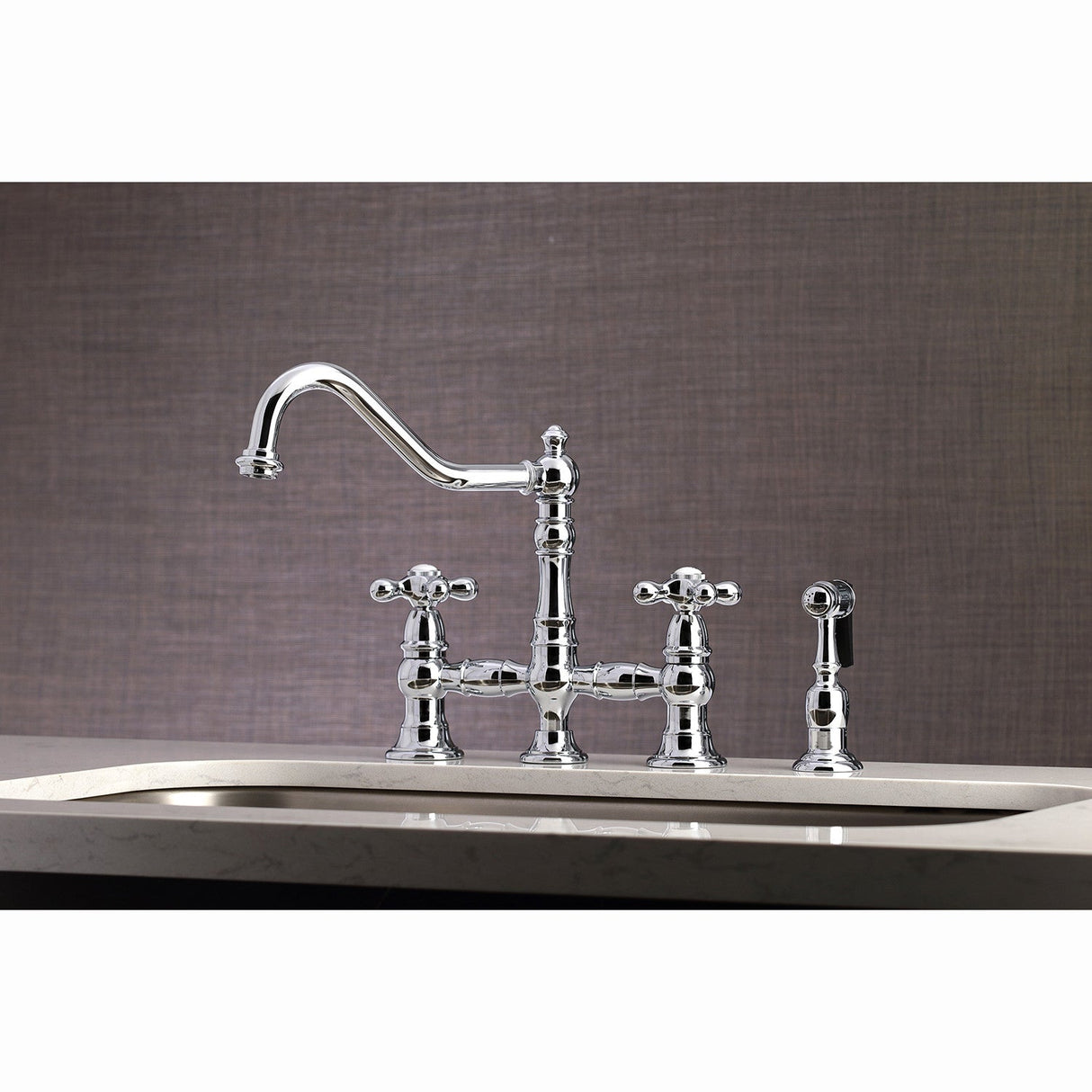 Restoration KS3271AXBS Two-Handle 4-Hole Deck Mount Bridge Kitchen Faucet with Side Sprayer, Polished Chrome