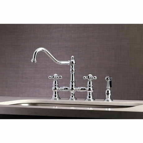 Restoration KS3271AXBS Two-Handle 4-Hole Deck Mount Bridge Kitchen Faucet with Side Sprayer, Polished Chrome