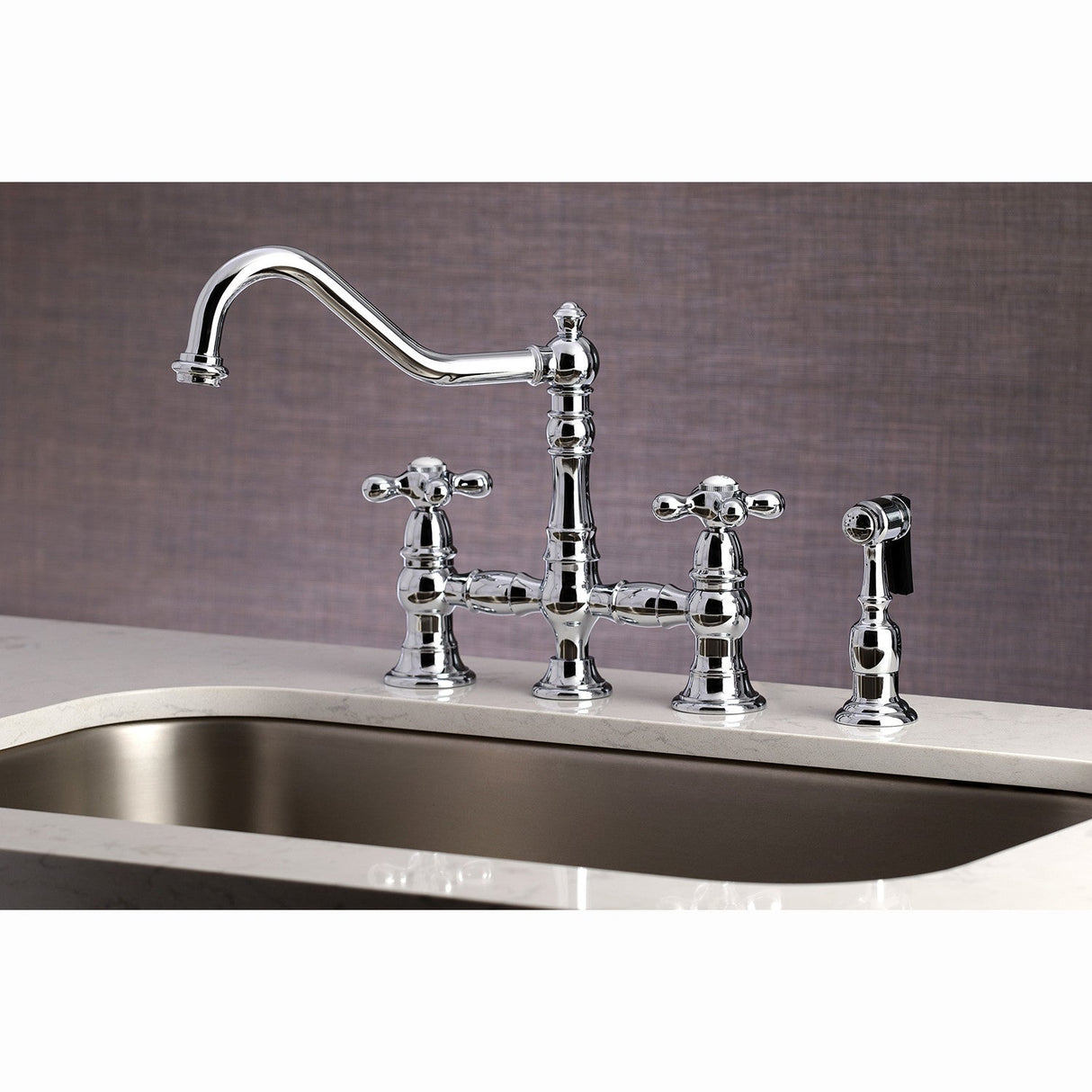 Restoration KS3271AXBS Two-Handle 4-Hole Deck Mount Bridge Kitchen Faucet with Side Sprayer, Polished Chrome