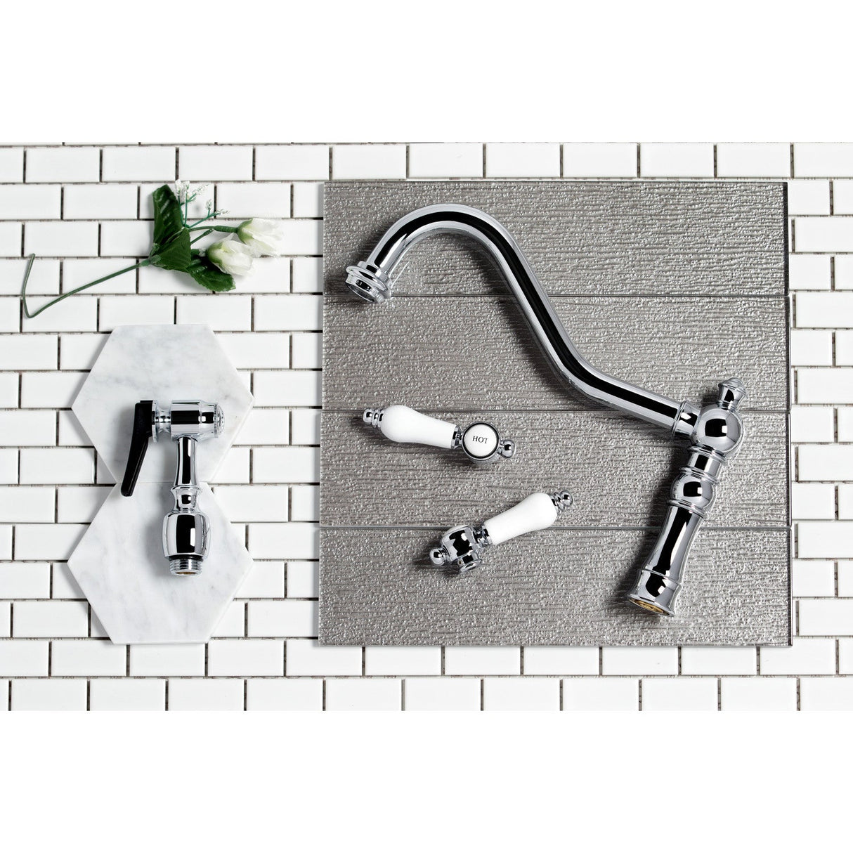 Restoration KS3271PLBS Two-Handle 4-Hole Deck Mount Bridge Kitchen Faucet with Side Sprayer, Polished Chrome