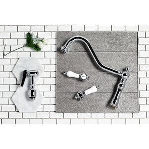 Restoration KS3271PLBS Two-Handle 4-Hole Deck Mount Bridge Kitchen Faucet with Side Sprayer, Polished Chrome